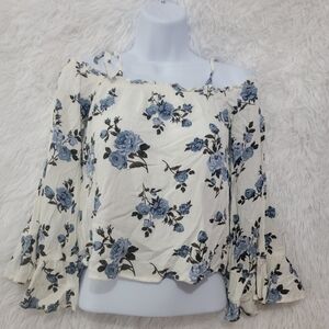 American Eagle Chabby Chic Off Shoulder Outfitters Blue Floral Blouse Xs/s